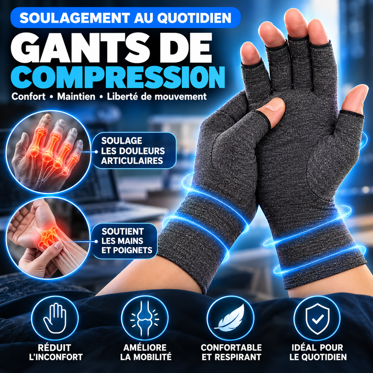 Gants de compression pour les mains noirs