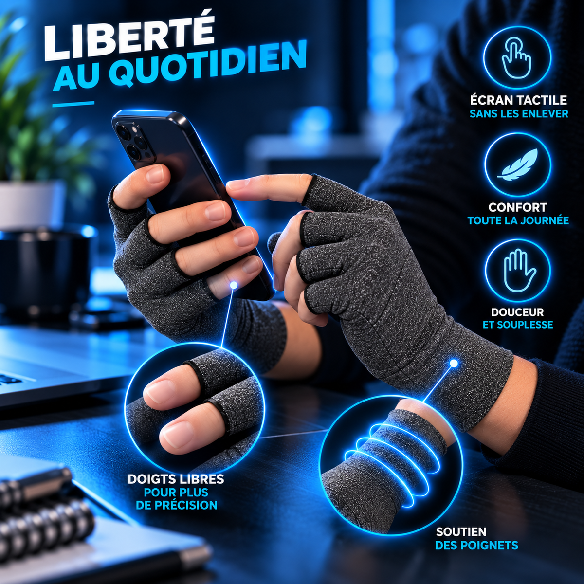 Gants de compression pour les mains avec liberté de mouvement